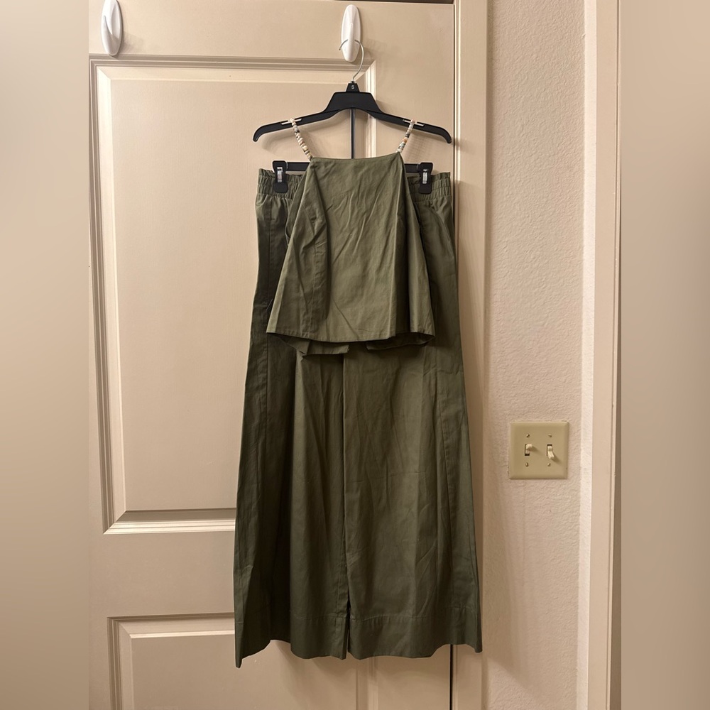 Olive Green Beaded Top And Pants Set